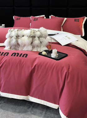 A类全棉磨毛四件套秋冬款纯棉高档轻奢红色80支长绒棉床笠款床品4