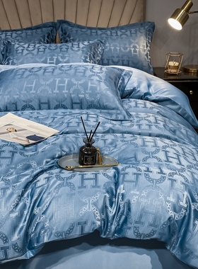 高级感冰丝床上四件套夏季水洗真丝床单被套裸睡欧式凉感床品蓝色