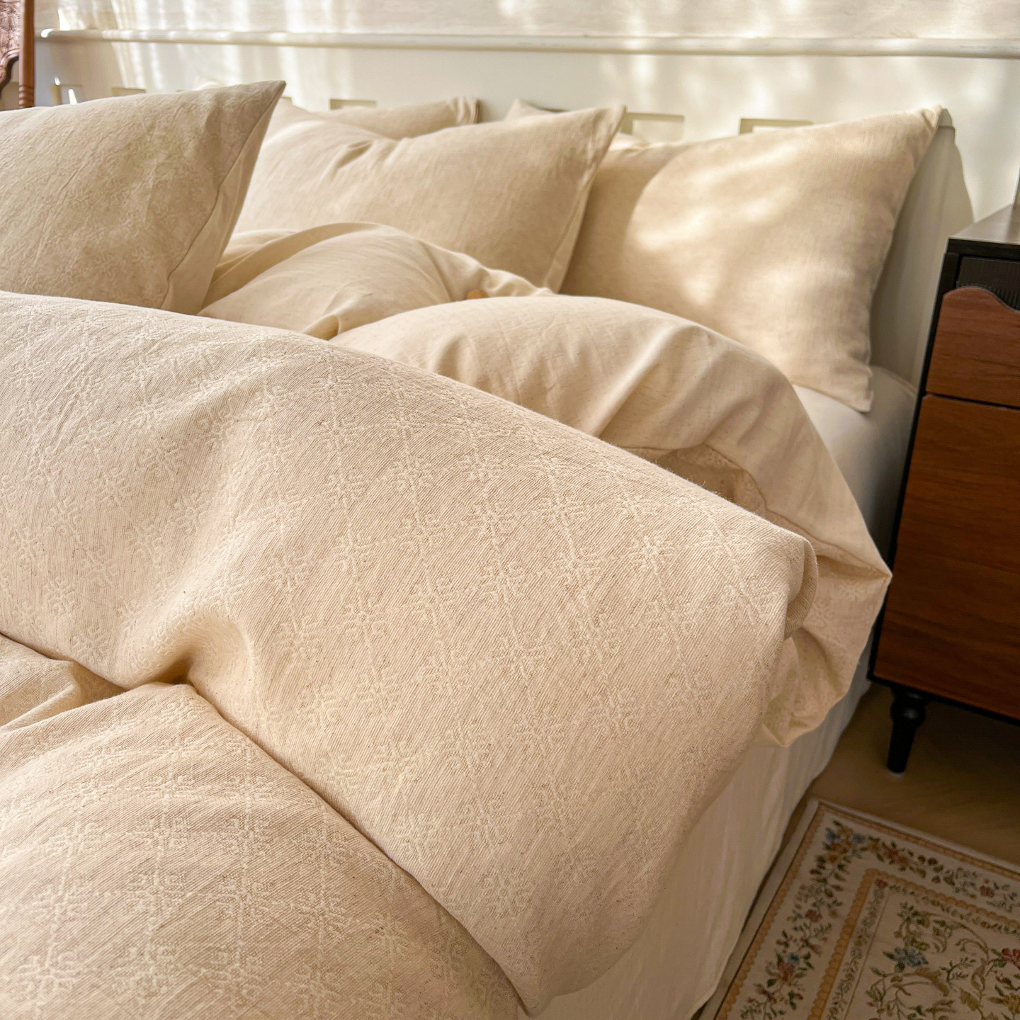 轻奢高级感全棉棉麻提花床上四件套纯色简约纯棉被套床单人三件套,床上用品,床品套件/四件套/多件套,淘宝优惠券,粉丝福利购,淘宝优惠卷