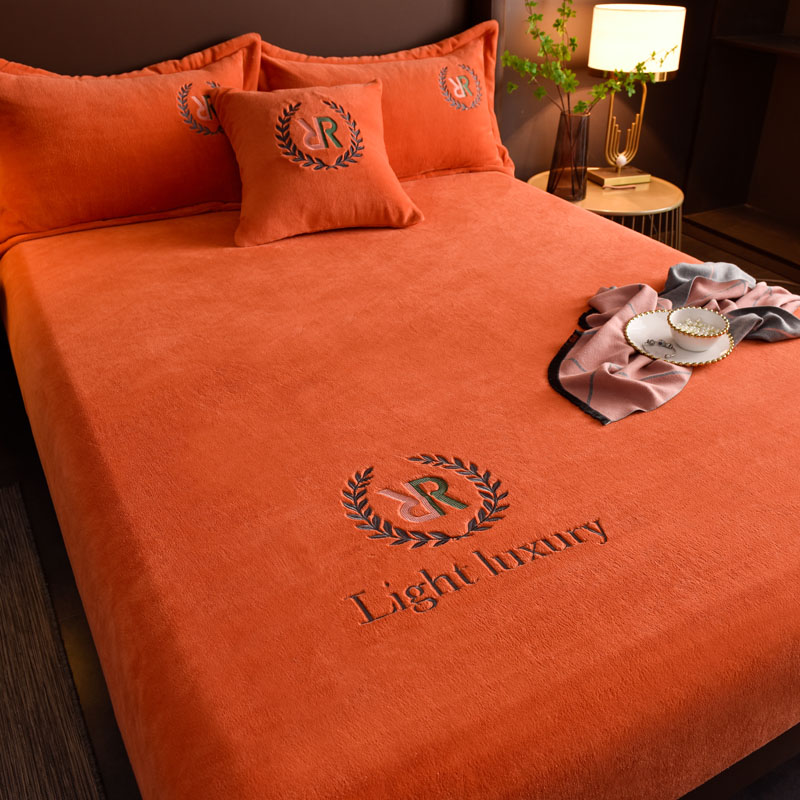 新款高档刺绣牛奶绒橙色加厚床单