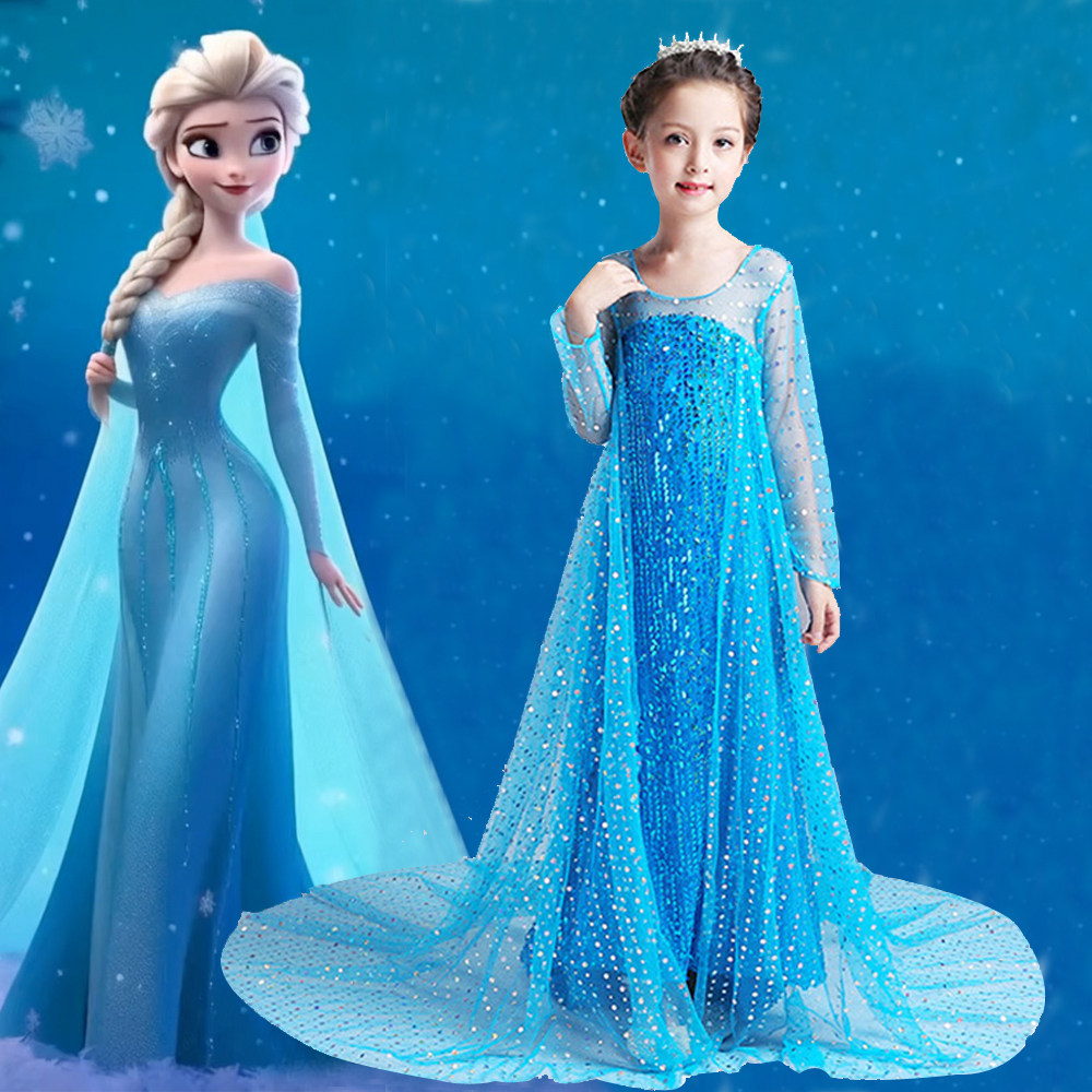 欧美电影童装冰雪奇缘蓝亮片艾莎公主裙拖地长裙女童演出服万圣节