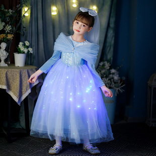 秋冬女童冰雪奇缘发光裙一字肩灰姑娘辛德瑞拉表演裙爱莎公主礼服