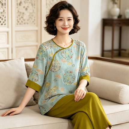 新中式棉绸睡衣女夏季薄款七分袖长裤家居服套装国风大码妈妈外穿