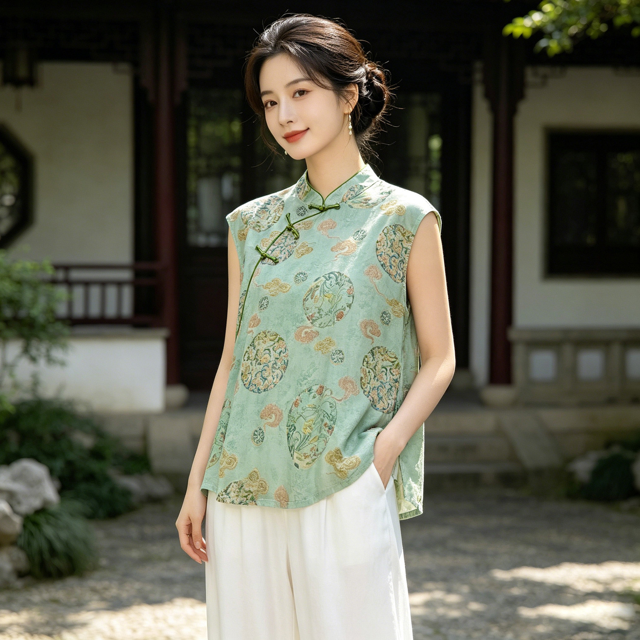 夏季轻薄款棉绸无袖新中式国风上衣盘扣马甲背心大码夏天女装衬衫图片