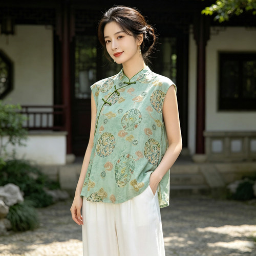 夏季轻薄款棉绸无袖新中式国风上衣盘扣马甲背心大码夏天女装衬衫