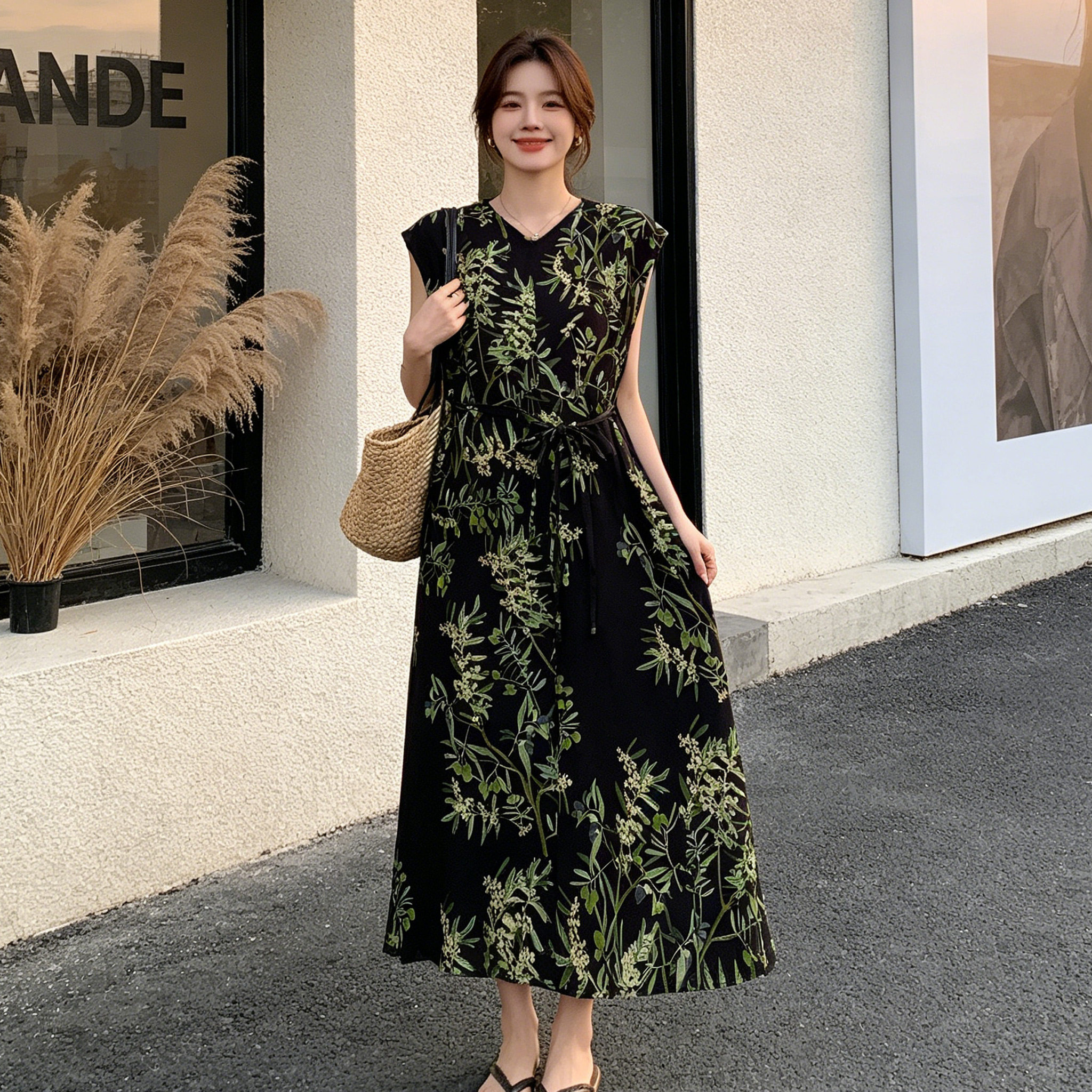 韩系松弛感棉绸连衣裙女年轻人碎花无袖长裙显瘦遮肉洋气宽松裙子