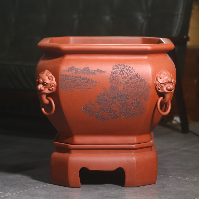 宜兴紫砂陶瓷金鱼缸陶瓷缸客厅大号睡莲锦鲤书画缸庭院阳台摆件