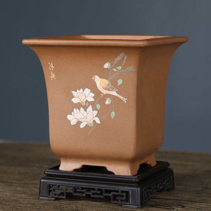 宜兴古典紫砂四方泥绘兰花盆