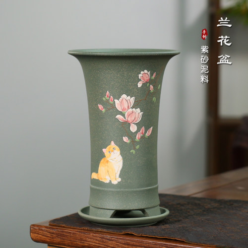 果绿泥古典精品束腰泥绘兰花盆
