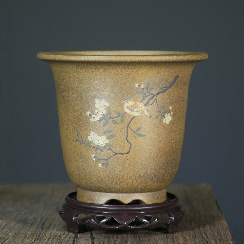 精品紫砂兰花盆沙皮青泥绘古典宜兴陶瓷金钟蕙春墨兰草盆室内桌面