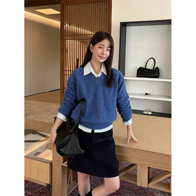 TG 全羊毛高级简约套头V领宽松显瘦针织毛衣女2025秋冬新款25910