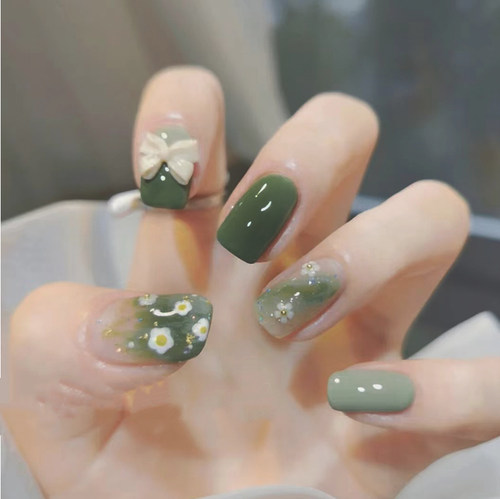 美甲手工穿戴甲橄榄绿蝴蝶结花