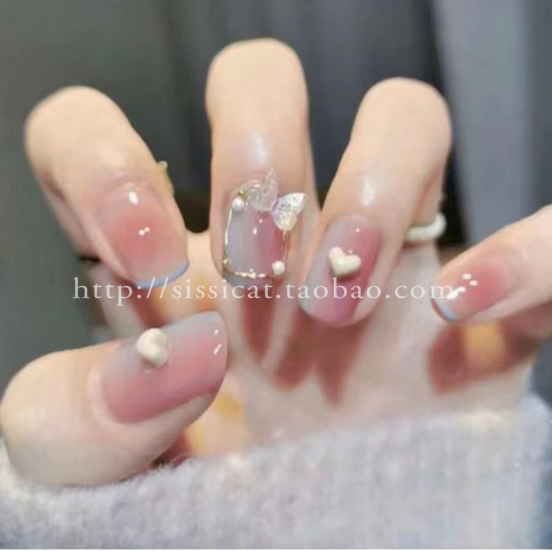 小红书拆卸美甲贴穿戴甲甲片指甲贴成品假指甲红蓝渐变桃心秋冬