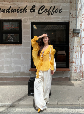 夏日绝美飘带荷叶边防晒衬衫薄款轻奢高级感别致雪纺上衣女2025款