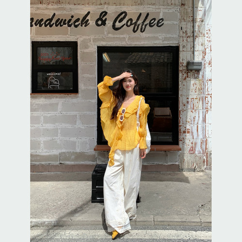 优雅宽松荷叶边套头长袖防晒衬衫