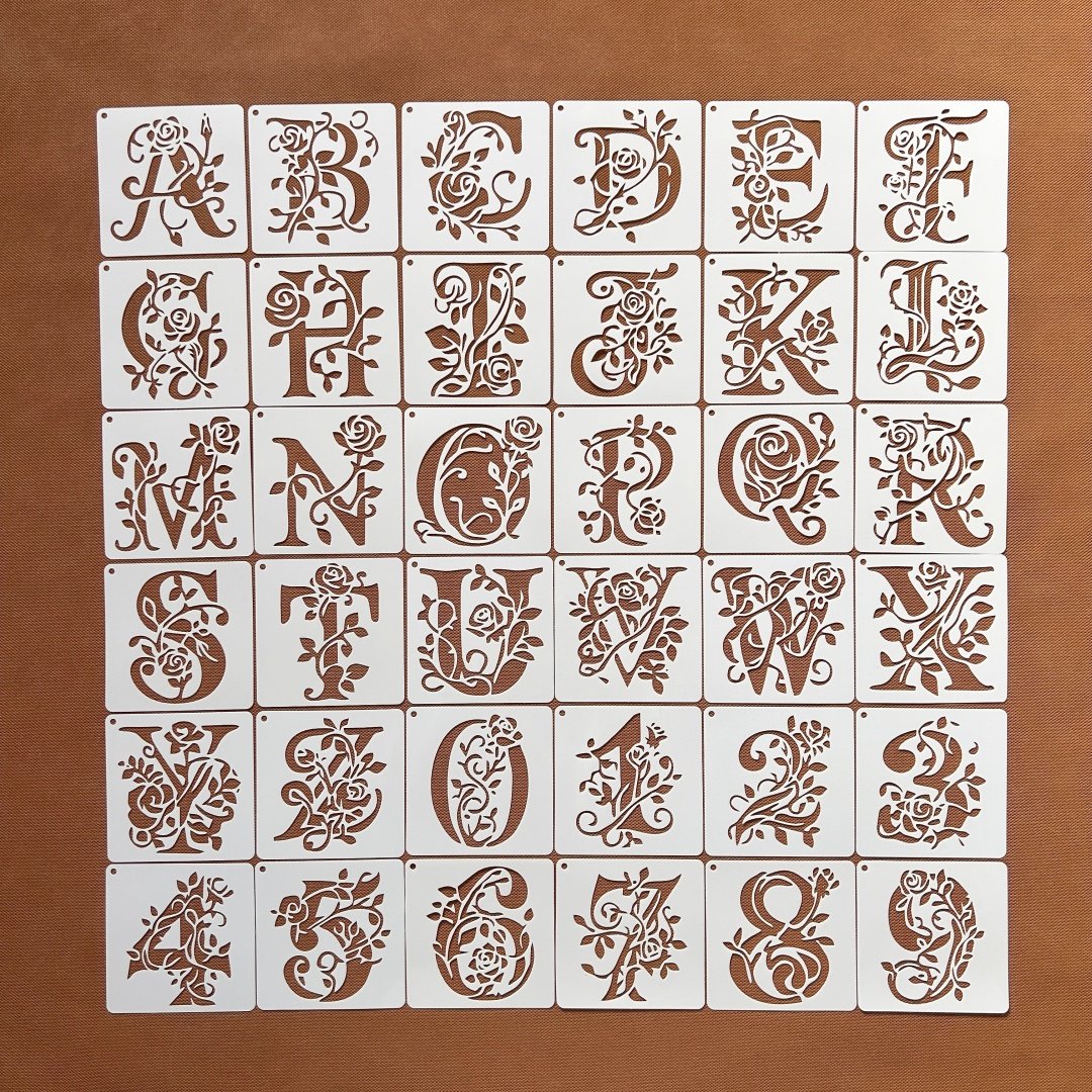 复古花纹英文字母数字镂空塑料手工装饰花卉玫瑰塑料模板10.1cm