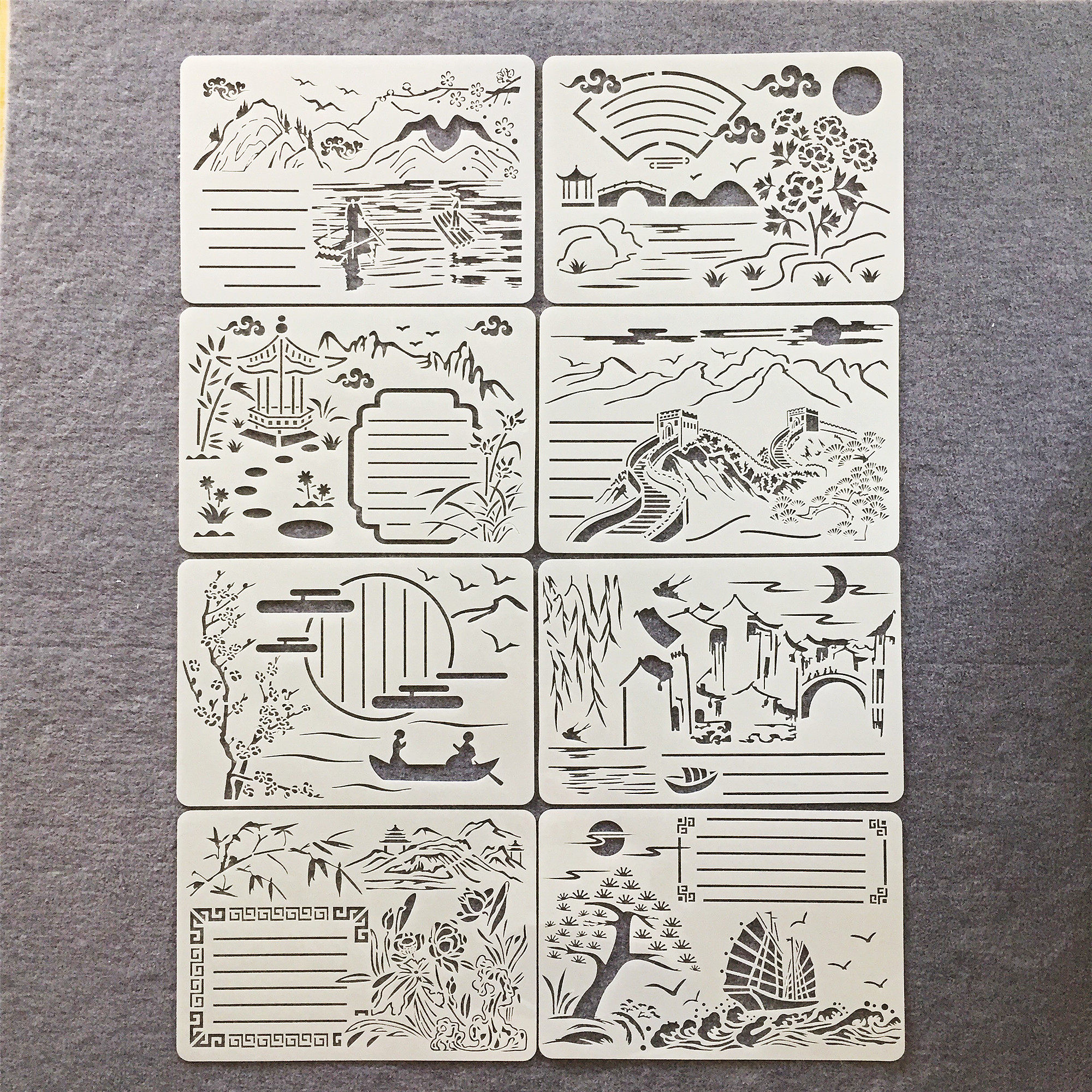 新款山水画中国古风山水画手抄报镂空画画涂鸦免排绘画模板