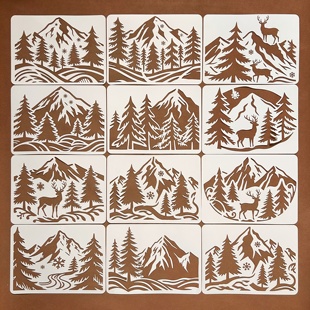 高山森林麋鹿系列镂空板涂鸦手账辅助风景创意彩绘塑料镂空模板尺