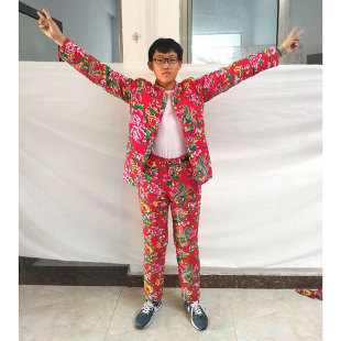 新潮冬款 棉衣修身 棉服民族风演出服礼服 青年套装 男东北大花唐装