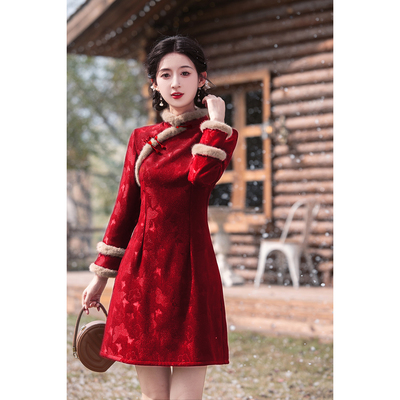 新中式红色加绒保暖旗袍小个子冬
