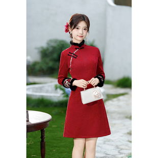 新中式短款旗袍女冬装加厚长袖日常改良小个子连衣裙2025新款红色