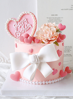 粉色系烘焙蛋糕装饰 粉色珍珠粉爱心 happy birthdy 蛋糕插牌派对