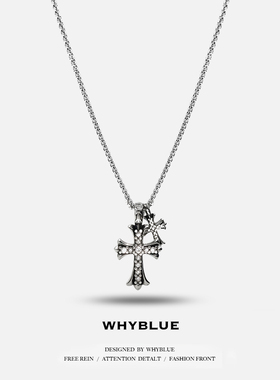 WHYBLUE做旧十字架镶钻钛钢项链