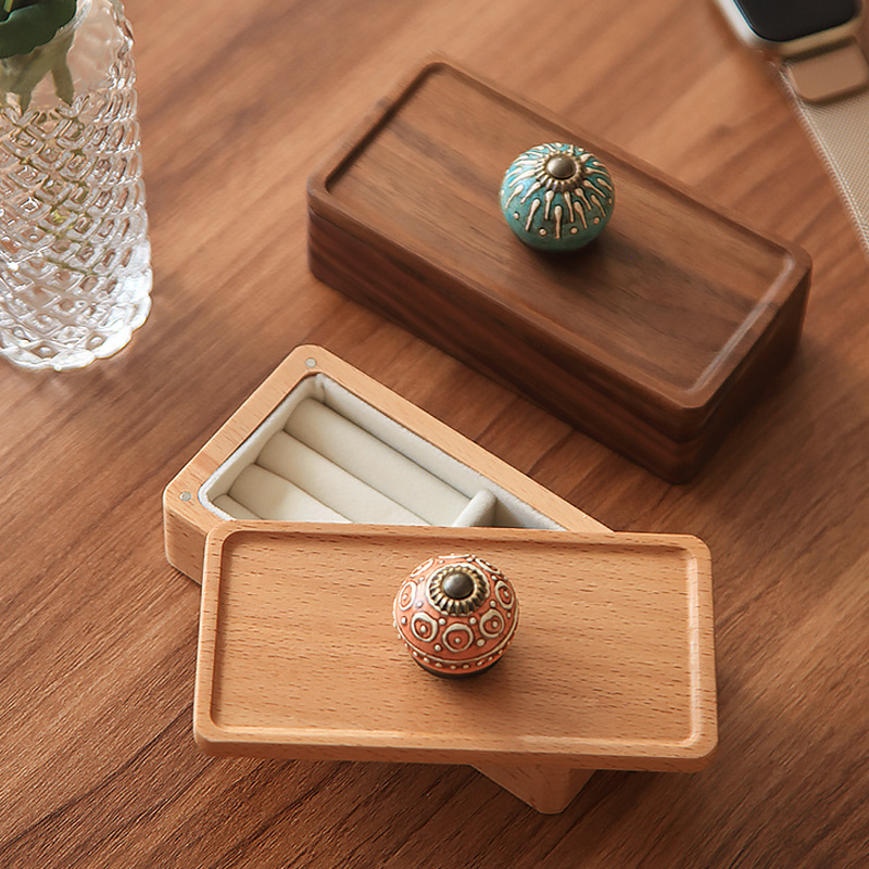 首饰盒黄铜拉手黑胡桃木高定绒布