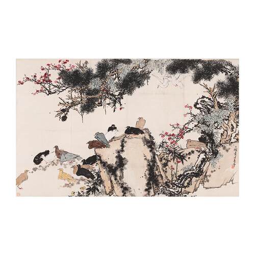 名画复制品潘天寿松梅群鸽写意水墨画花鸟画国画艺术微喷装饰画