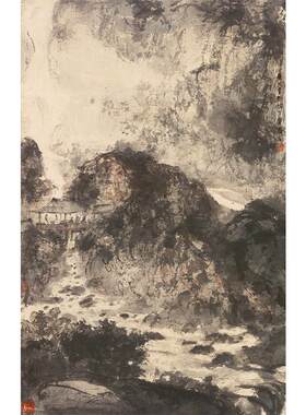 名画复制品傅抱石山亭雅集写意水墨山水画国画艺术微喷临摹装饰画