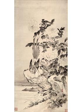 1:1名家真迹国画山水画古代名画复制品徐扬牡丹山鹧图56*116cm