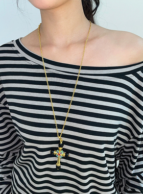 中古绿松石闪钻十字架毛衣链