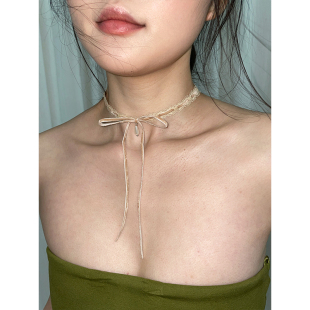 纯欲风少女感丝绒蝴蝶结项链温柔风复古蕾丝系带珍珠锁骨链choker