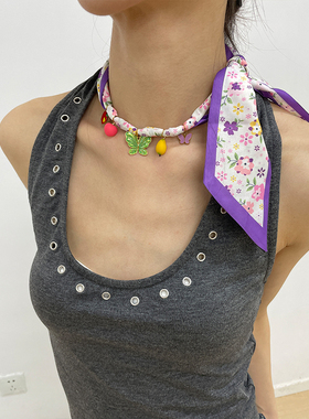 复古碎花多功能丝巾项链