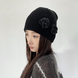 复古时髦小众设计黑色花朵针织帽y2k亚文化辣妹毛线帽金泫雅同款