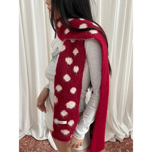 韩系ins氛围感撞色波点针织围巾时髦保暖百搭亲肤圣诞色围脖披肩
