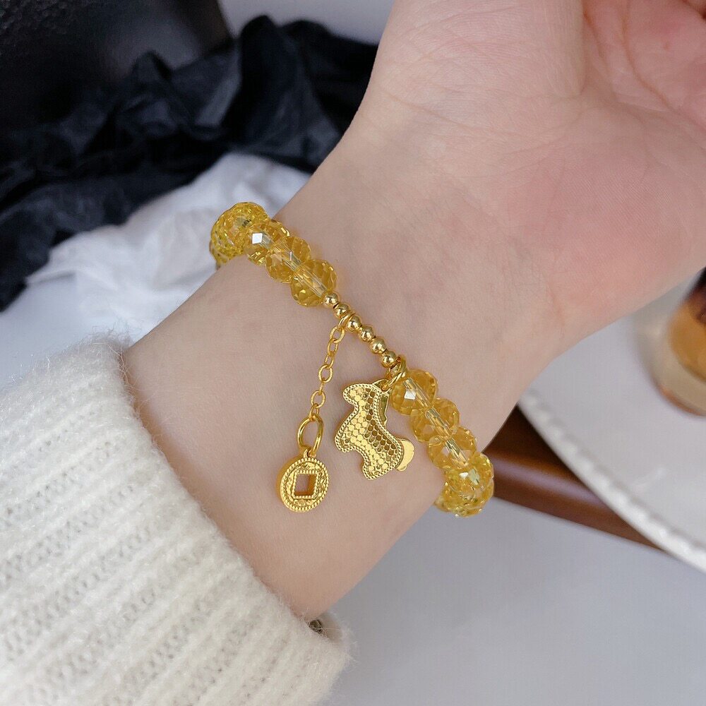 爆闪切面黄水晶小马铜钱手链
