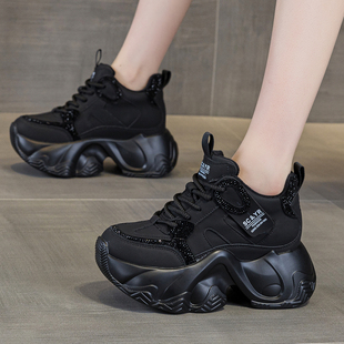 ZFCQ新款黑色厚底内增高老爹鞋女款真皮2026春季轻便水钻高帮单鞋