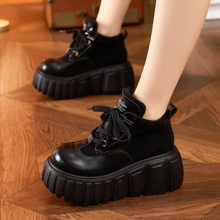 ZFCQ厚底内增高短靴女款真皮2025秋季新款松糕8cm高帮小个子女鞋