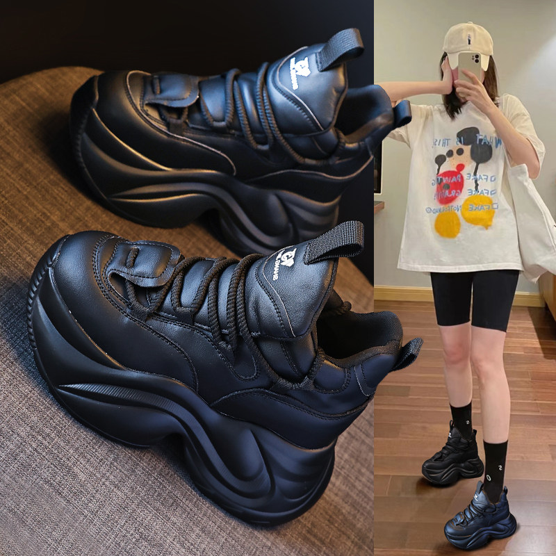 ZFCQ单里2026春新款黑色厚底内增高老爹鞋女款真皮8cm高跟休闲鞋