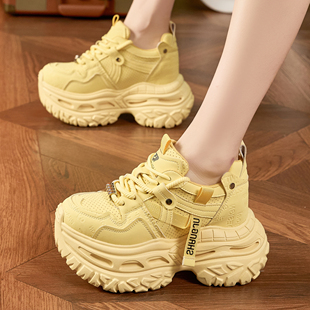 ZFCQ新款潮流厚底内增高老爹鞋女款真皮2026春黄色10cm小个子女鞋