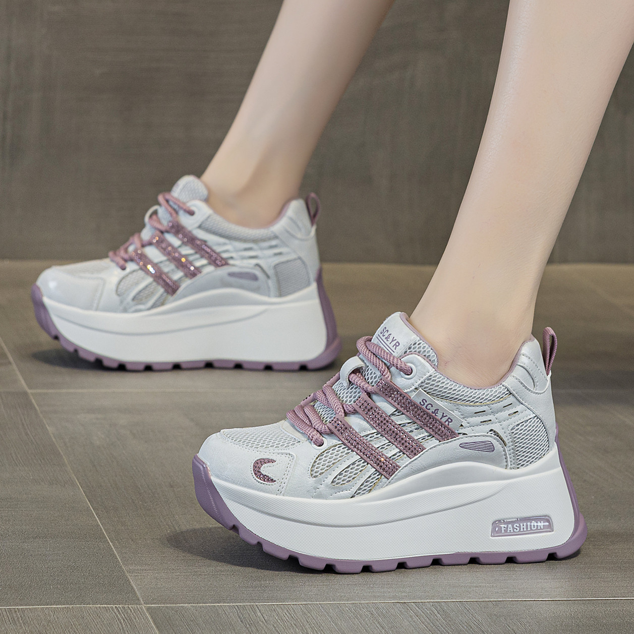 ZFCQ新款厚底内增高德训阿甘鞋女款真皮2026春夏水钻网面透气单鞋