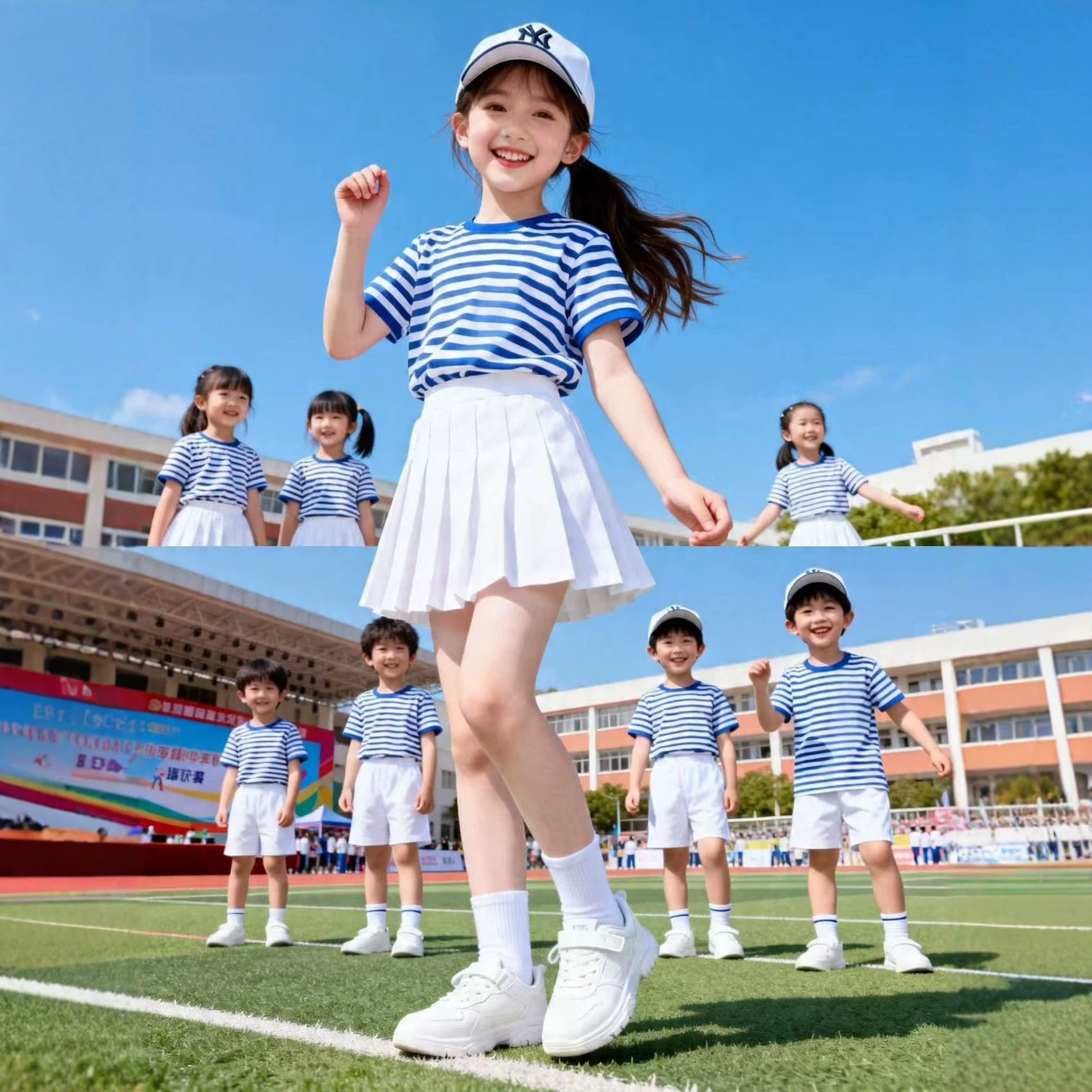 红领巾国庆集体活动服装怀旧海魂衫短袖t恤经典蓝白条纹学生表演T