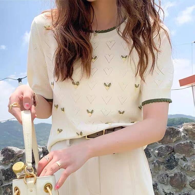 新款冰丝镂空刺绣短袖女装夏季上衣气质显瘦百搭薄款针织衫女甜美