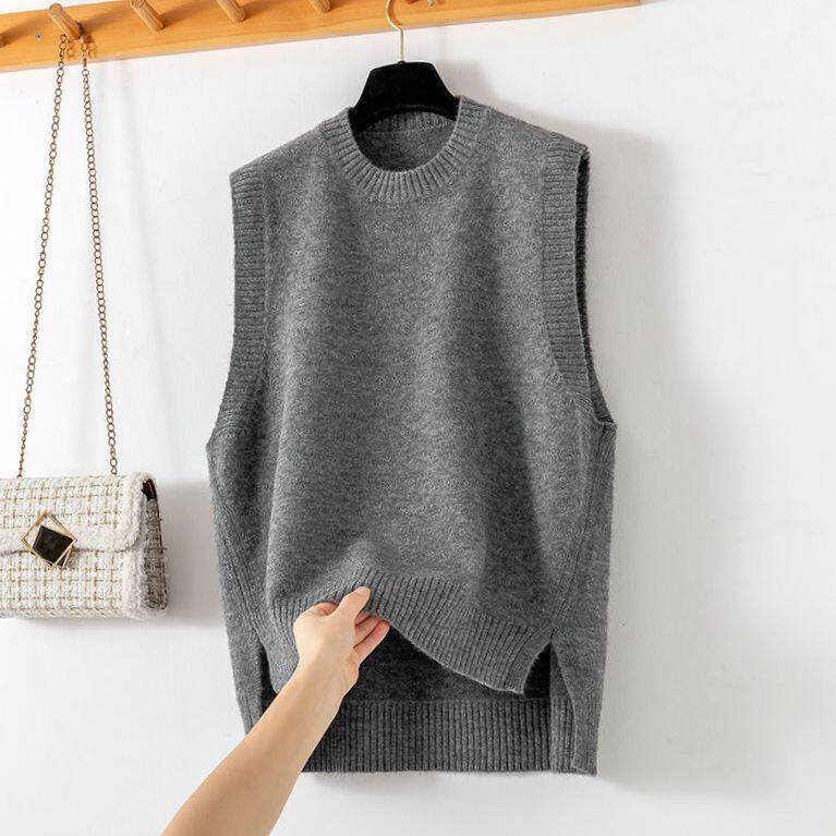 2026春款圆领套头针织无袖马甲背心女侧面开叉宽松大码马夹设计款