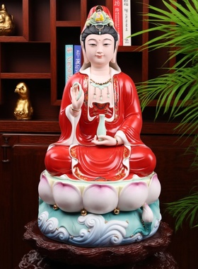 陶瓷彩绘观音菩萨佛像摆件家用供奉客厅桌面装饰品