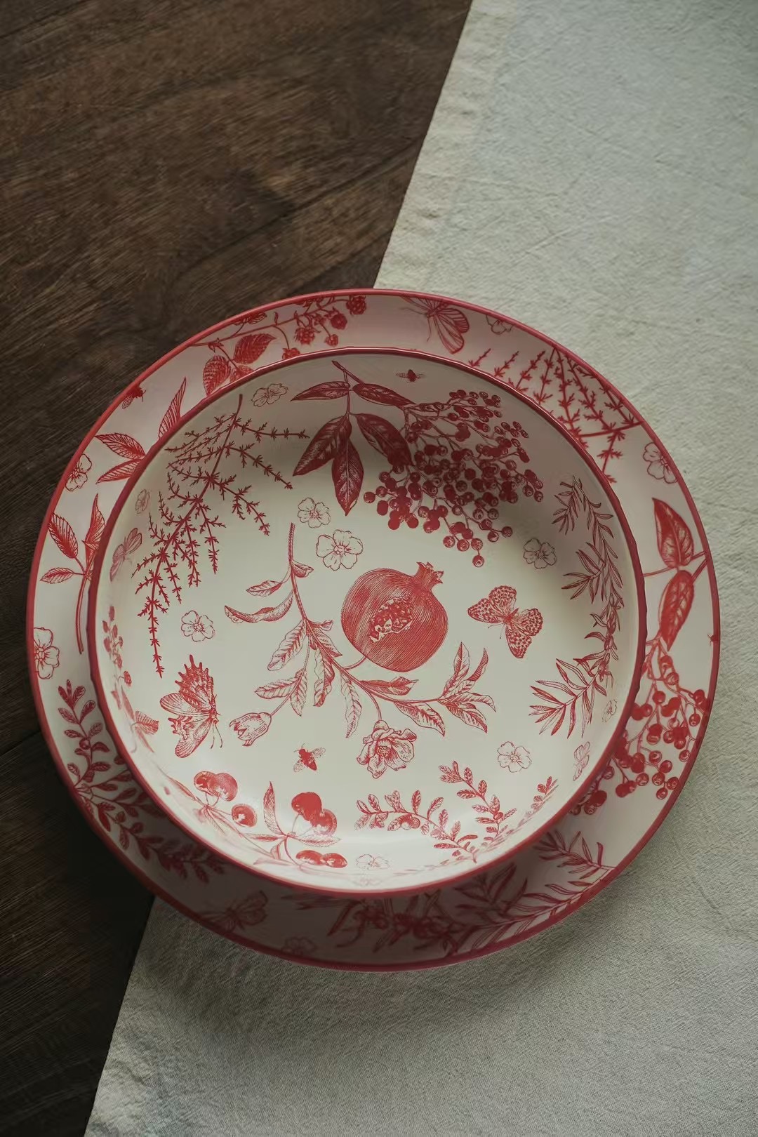 高颜值定制款红色中古风陶瓷汤盘釉下家用水果沙拉盘8英寸加深盘