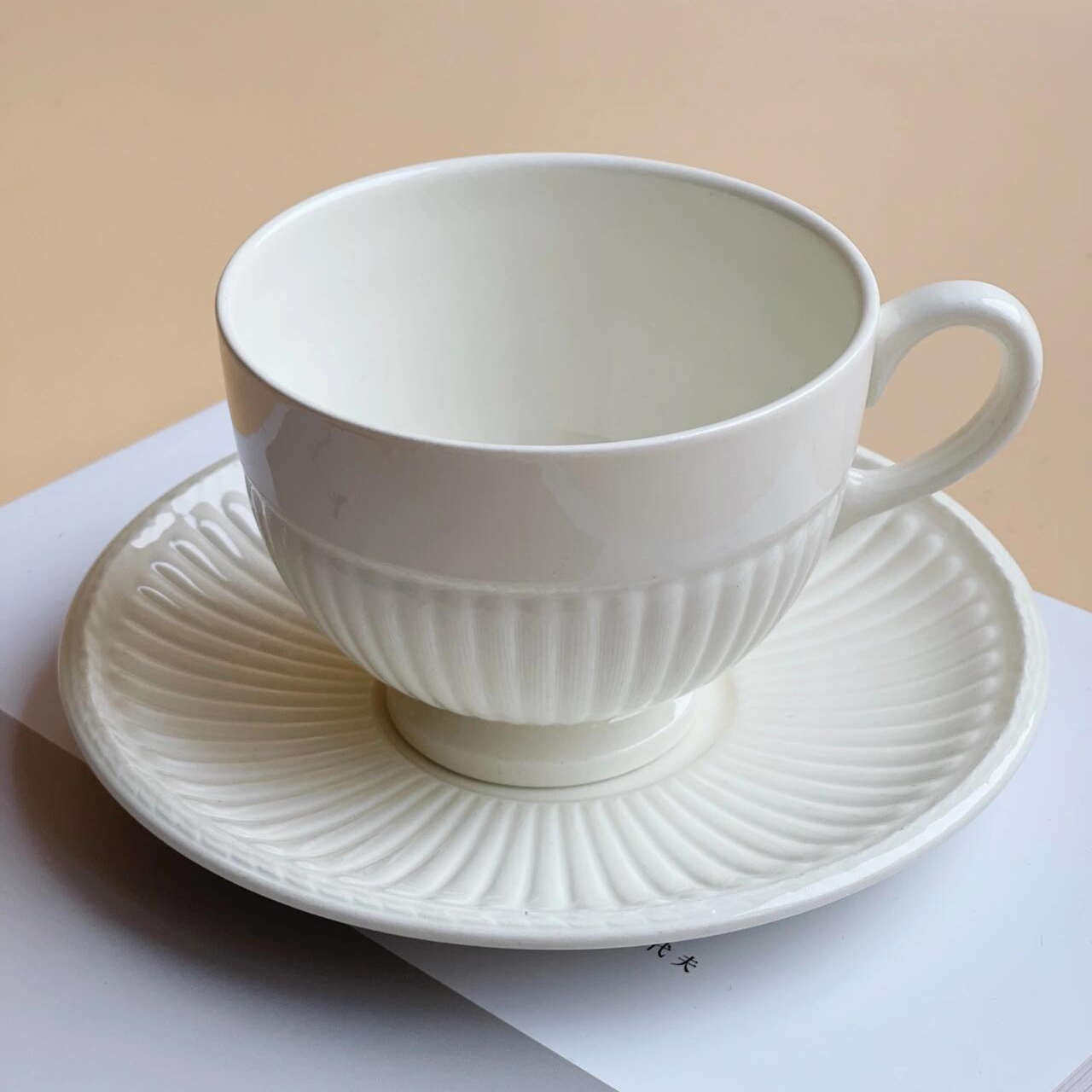 英国高脚咖啡杯Edme系欧式奶油黄中古杯下午茶花红茶陶瓷浮雕杯碟