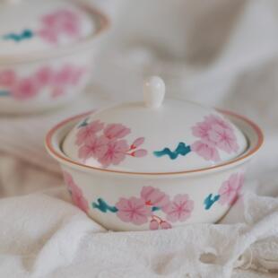 国内现货香社家居釉下彩茶碗缸粉色樱花瓷盖碗日式碗燕窝甜点碗