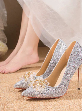 35-50大码婚鞋女44气质细跟12cm高跟鞋43法式婚鞋爆款亮片水晶鞋